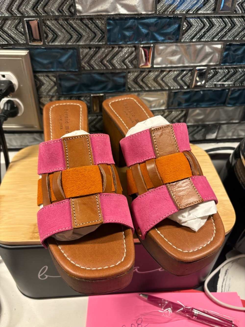 bernie mev. Pink, Orange & Tan Suede Slide Clogs